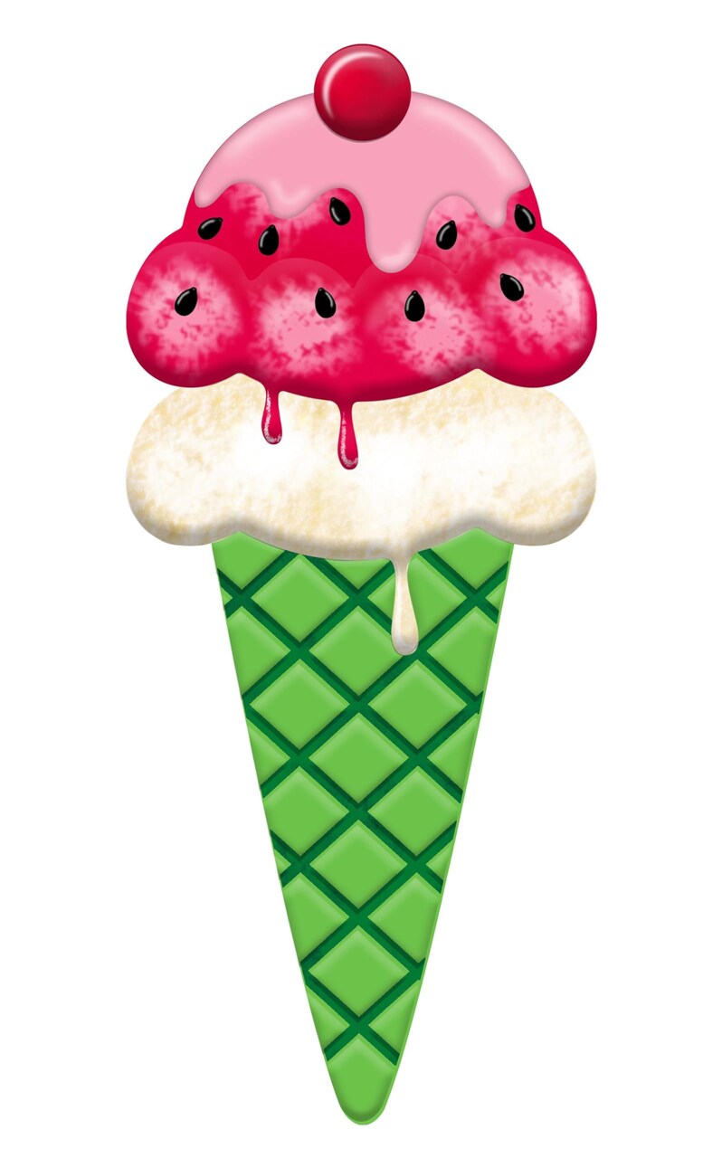 Watermelon Ice Cream Cone 12" Metal Sign with Hanger - Red, Pink, Cream, Lime Green, Black - For Summer and Dessert Party Decorations, Wreath Accents, & Crafts